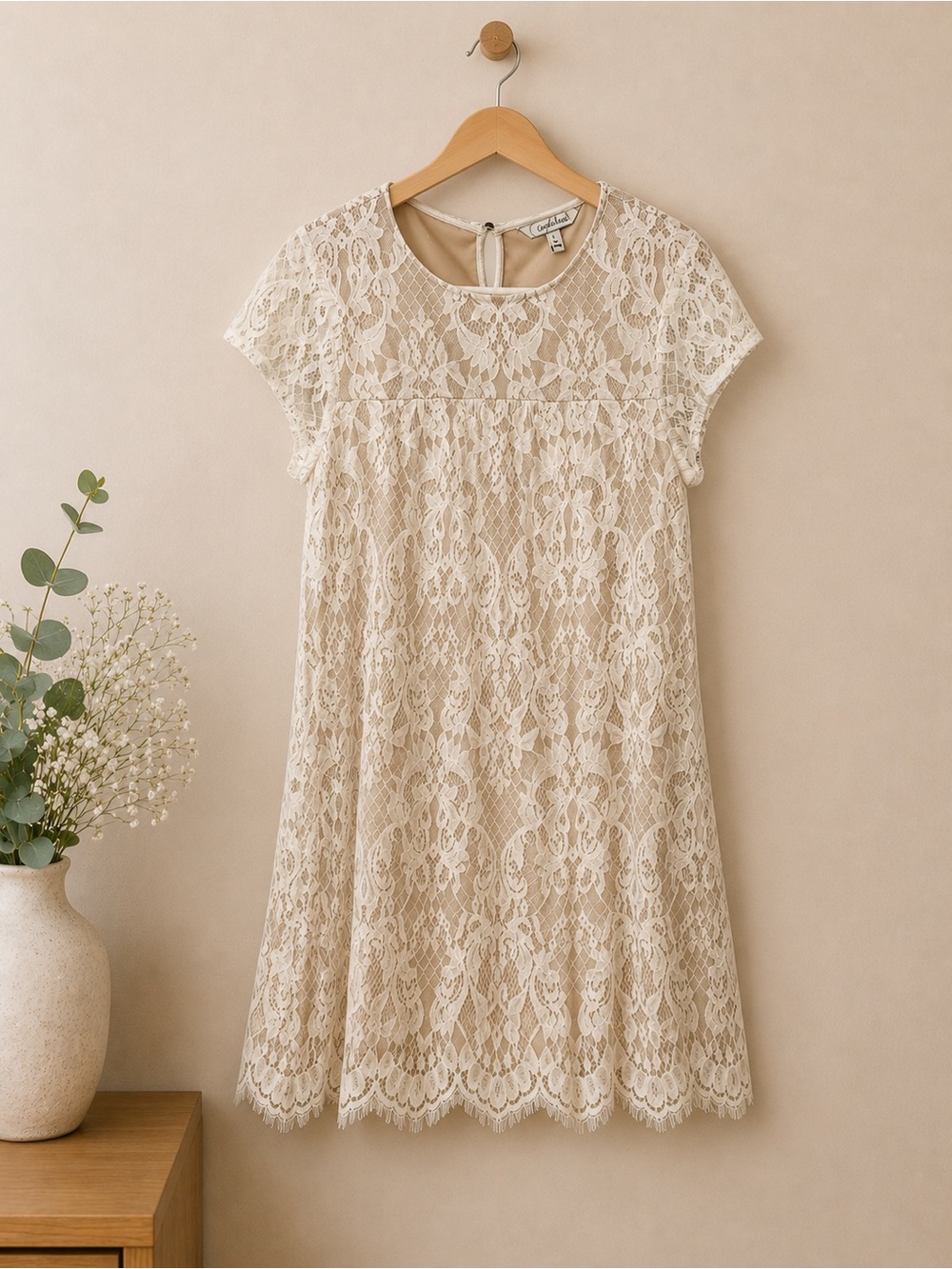 Speechless Ivory Lace Shift Dress Nude Lining Scalloped Hem Size L